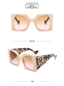 Detailansicht der quadratischen beigen Sonnenbrille mit modischen Schildpatt-Bügeln