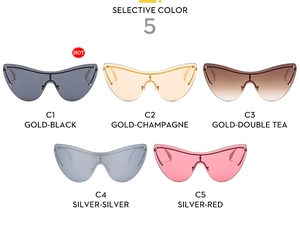 Detailed grid showing five color variations of rimless cat-eye cyber sunglasses