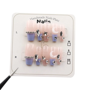 Pink purple gradient french ballet press-on nails with glitter stars and moon gems