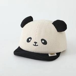 Detail view of corduroy texture and panda embroidery on this toddler baseball cap