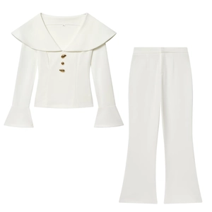 Women's white two-piece set featuring V-neck long sleeve top and flared trousers