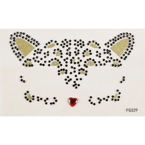 Cat face rhinestone sticker with gold glitter and red heart gem for makeup party