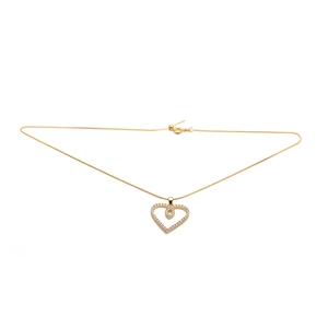 Fashionable gold heart pendant necklace with shimmering zircon crystals on white background