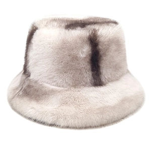 Winter plush faux fur bucket hat with grey and brown stripes and thick warm lining