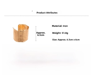 Detail view of gold textured iron wide cuff bracelet with 51.8g weight and 6.5x6cm dimensions