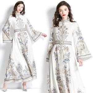 Vintage Paisley Print Maxi Dress Long Flare Sleeve Stand Collar Chiffon Retro Ethnic Style With Belt For Women