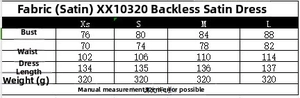 Size chart for backless satin halter midi dress with detailed body measurements