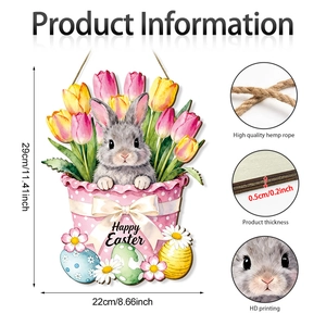 Panneau de porte de Pâques en bois avec lapin et fleurs pour décoration de ferme