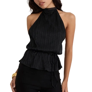Sexy black halter neck pleated sleeveless top with cutout back and tie-waist detail