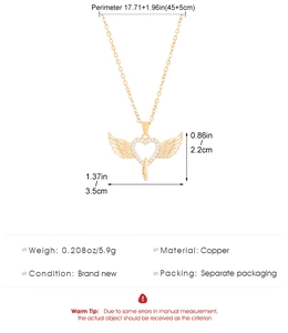 Detailed dimensions of gold angel wing heart pendant necklace in copper with 45cm chain