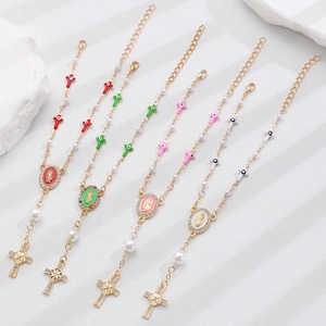 Bracelets vintage avec œil maléfique, croix Marie, émail et chaîne en métal doré