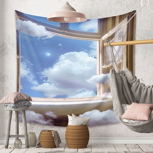 Detailed surreal cloud window landscape tapestry showing moon and blue sky textures