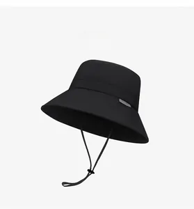 Detail of waterproof bucket hat with adjustable chin strap and quick-dry fabric texture