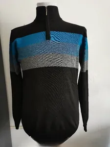 Detail of slim fit men's half-zip knit sweater with blue and grey striped chest pattern