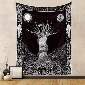 Bohemian black and white Tree of Life tapestry with sun and moon for room wall decor