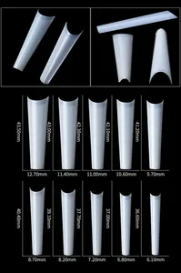 Size chart showing 10 sizes of extra long coffin fake nail tips from 36.6mm to 43.5mm