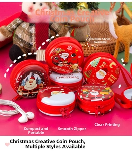 Close-up of Santa Claus themed round tin coin purses with secure metal zippers