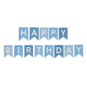 Μπλε πανό Happy Birthday με χρυσά σημαιάκια χελιδονοουράς για διακόσμηση πάρτι