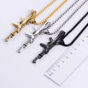 AK47 rifle pendant necklace in gold silver and black steel with bead chain