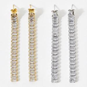Elegant long tassel drop earrings with rectangular zircons in gold and silver finish