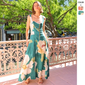 French Vintage Square Neck Sleeveless Floral Print Maxi Dress Polyester High Waist A-Line Summer Vacation Retro Long Dress