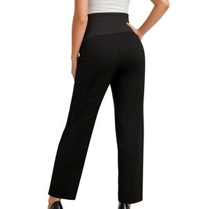 High waist black maternity straight pants with elastic belly support for women