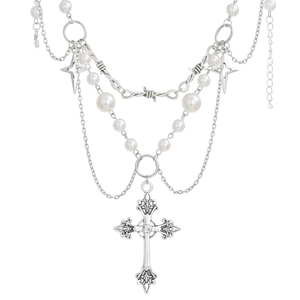 Gothic multilayer silver necklace with imitation pearls, stars and a cross pendant