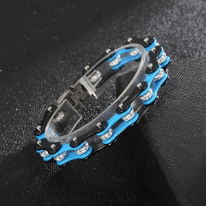 Blue and black stainless steel bicycle chain bracelet with sparkling white rhinestones