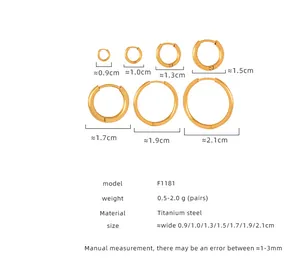 Size chart for gold titanium steel hoop earrings ranging from 0.9cm to 2.1cm diameter