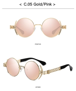 Detail of punk round sunglasses with gold frame and pink reflective lenses from two angles