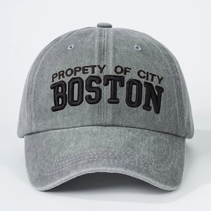 Vintage washed grey baseball cap with black embroidered Boston city text on front