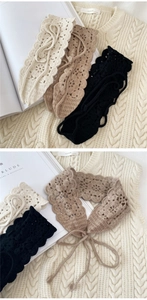Detailed crochet knit patterns on beige, khaki, and black cotton scarves with flower designs