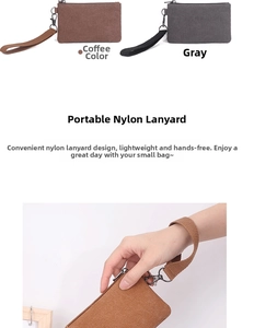 Detail of washed canvas coin purse with nylon wrist strap in coffee and grey