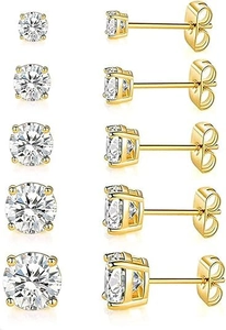 Detail view of five pairs of round zircon stud earrings in graded sizes with gold plating
