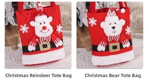 Detailed view of red knitted Christmas tote bags with reindeer and bear character designs