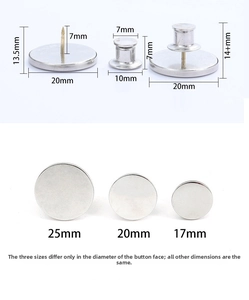 Technical dimensions of 17mm 20mm and 25mm magnetic curtain closure pin fasteners