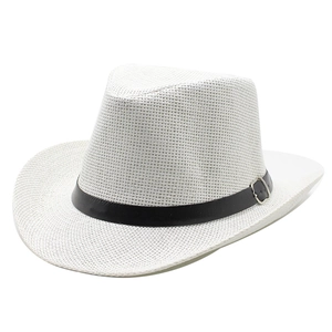 White woven straw cowboy hat with black decorative band and silver metal buckle
