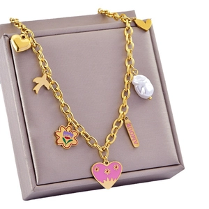 French vintage gold chunky chain necklace with colorful heart and Amour charm pendants