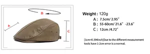 Size chart showing brown PU leather beret dimensions including 55-60cm head circumference