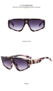 Detail of oversized flower frame sunglasses with purple gradient lenses and star ornament