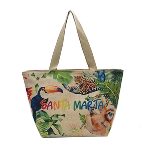 Large capacity linen tote bag with tropical rainforest animal prints and SANTA MARTA text