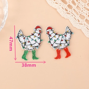 Christmas chicken acrylic earrings with santa hat and festive lights, size 47mm by 38mm