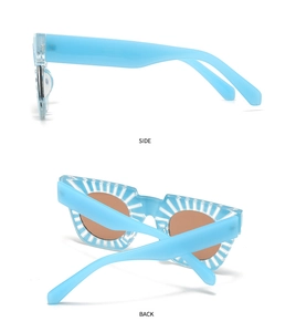 Detailed side and back view of sky blue square sunglasses with white sunburst frame