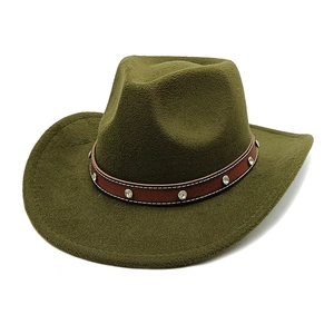 Close-up of army green cowboy hat with studded leather band and contrast stitching