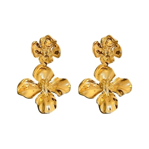 Minimalist golden metal flower stud earrings with elegant double floral design on white background