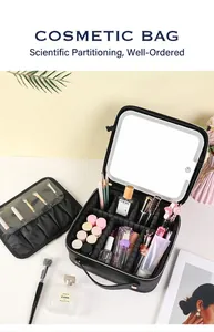 Detail of makeup case with LED mirror, adjustable dividers and makeup brush storage bag