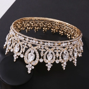 Luxurious gold crystal bridal crown with heart accents and hanging teardrop rhinestones
