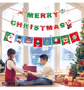 Detail of Merry Christmas banner with reindeer and snowman for holiday window decoration
