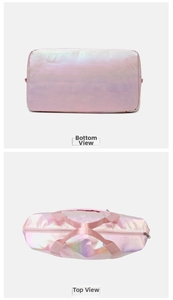 Top and bottom view of the laser pink travel bag with holographic finish and zipper