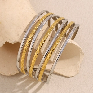 Bracelet jonc multicouche en acier inoxydable doré et argenté à texture martelée